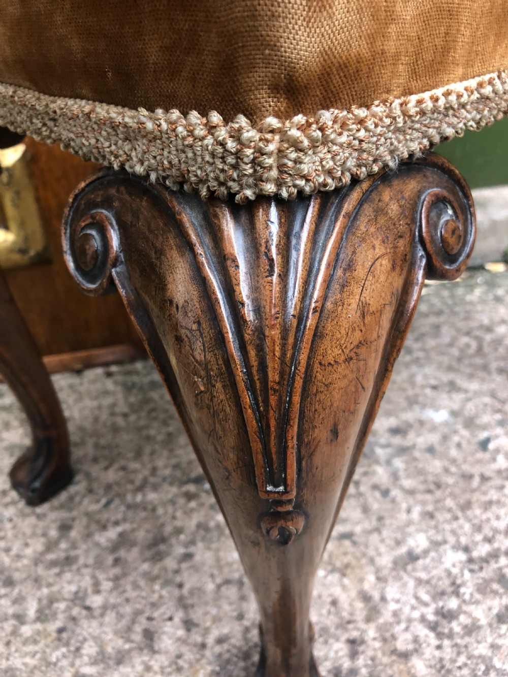 Early C20th George I period revival cabriole leg rectangular walnut stool with embroidered tapestry covered seat . View VII