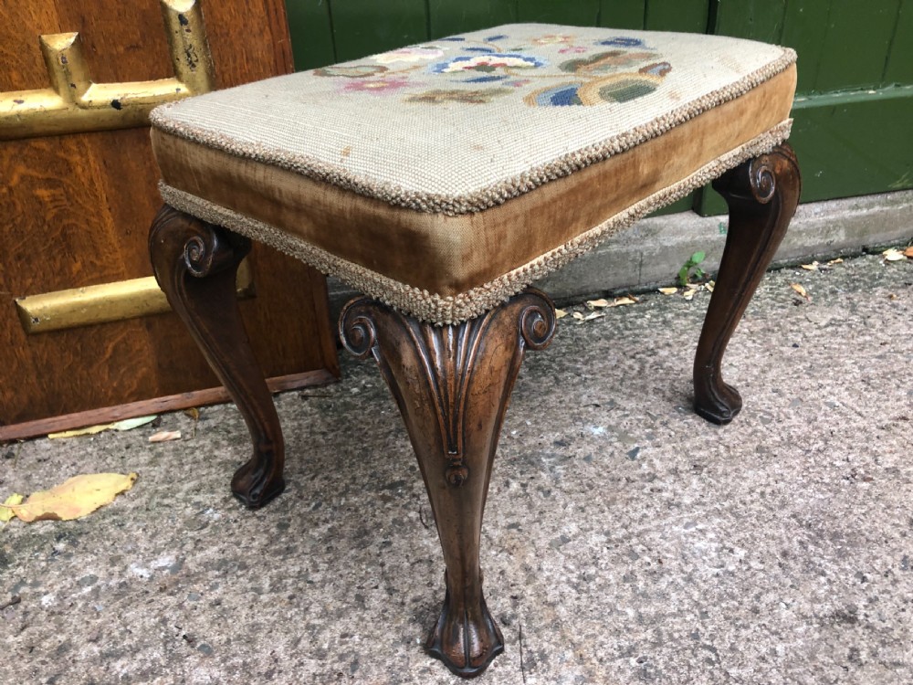 Early C20th George I period revival cabriole leg rectangular walnut stool with embroidered tapestry covered seat . View VIII