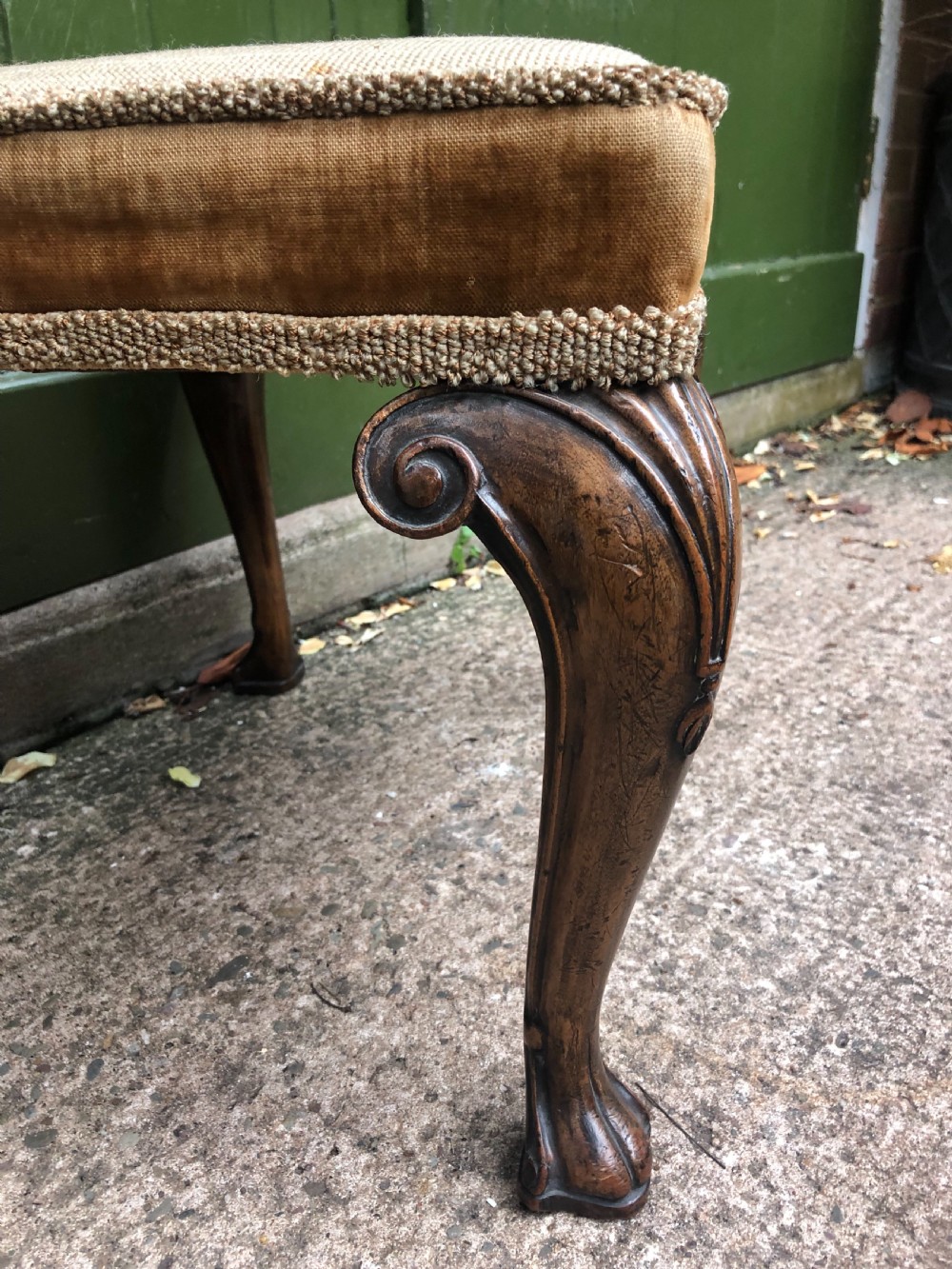 Early C20th George I period revival cabriole leg rectangular walnut stool with embroidered tapestry covered seat . View IX