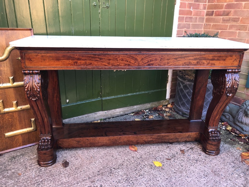 Early C19th French Charles X period mahogany console table of impressive proportions. View IV