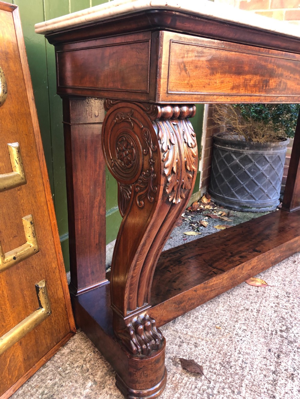 Early C19th French Charles X period mahogany console table of impressive proportions. View V