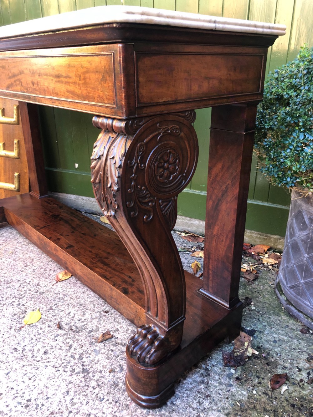 Early C19th French Charles X period mahogany console table of impressive proportions. View IX