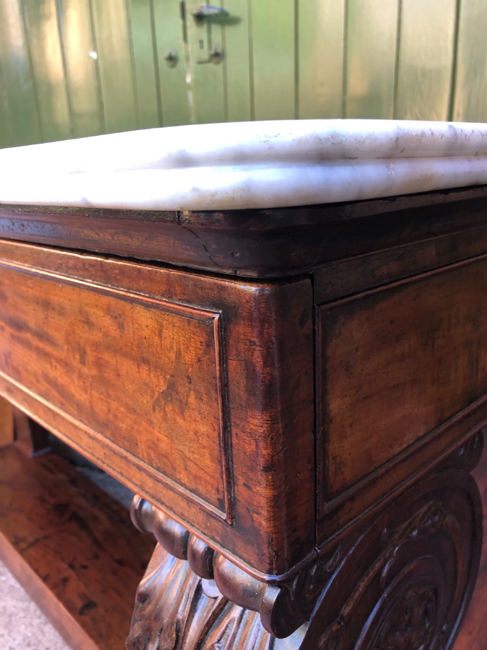 Early C19th French Charles X period mahogany console table of impressive proportions. View XI