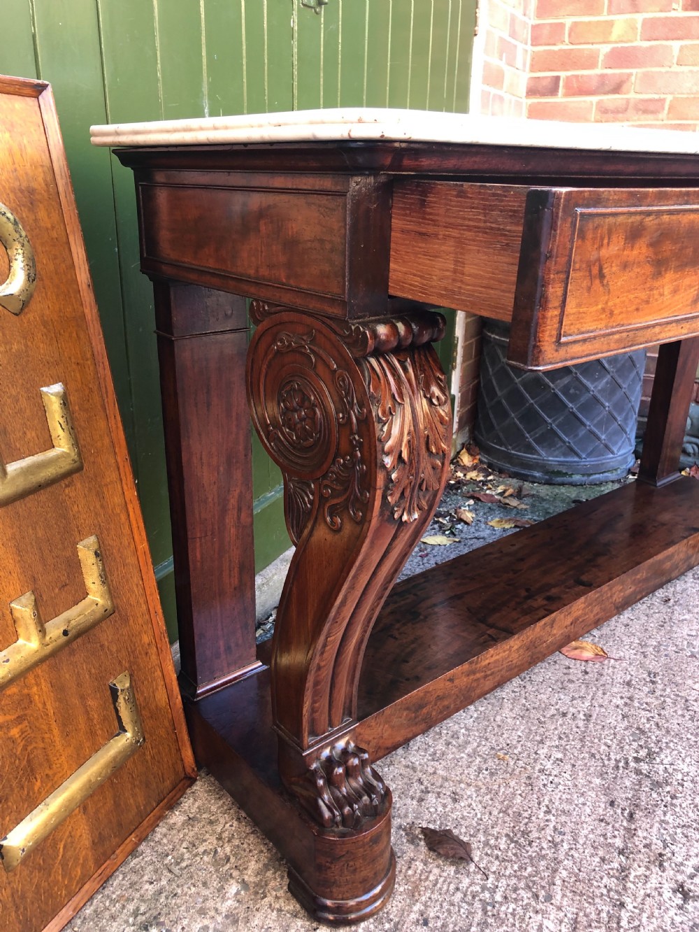 Early C19th French Charles X period mahogany console table of impressive proportions. View XII