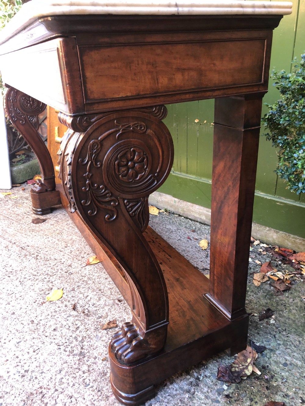 Early C19th French Charles X period mahogany console table of impressive proportions. View XIII