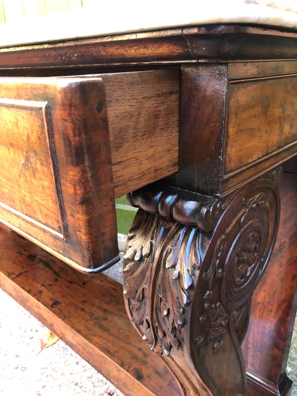 Early C19th French Charles X period mahogany console table of impressive proportions. View XXVIII