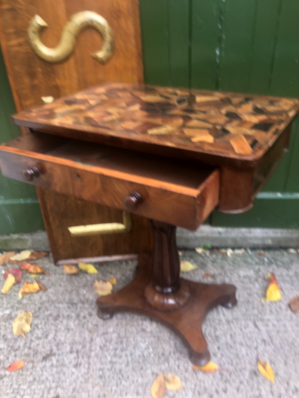 Interesting mid C19th rectangular mahogany table with an inlaid specimen-wood top.  View VI