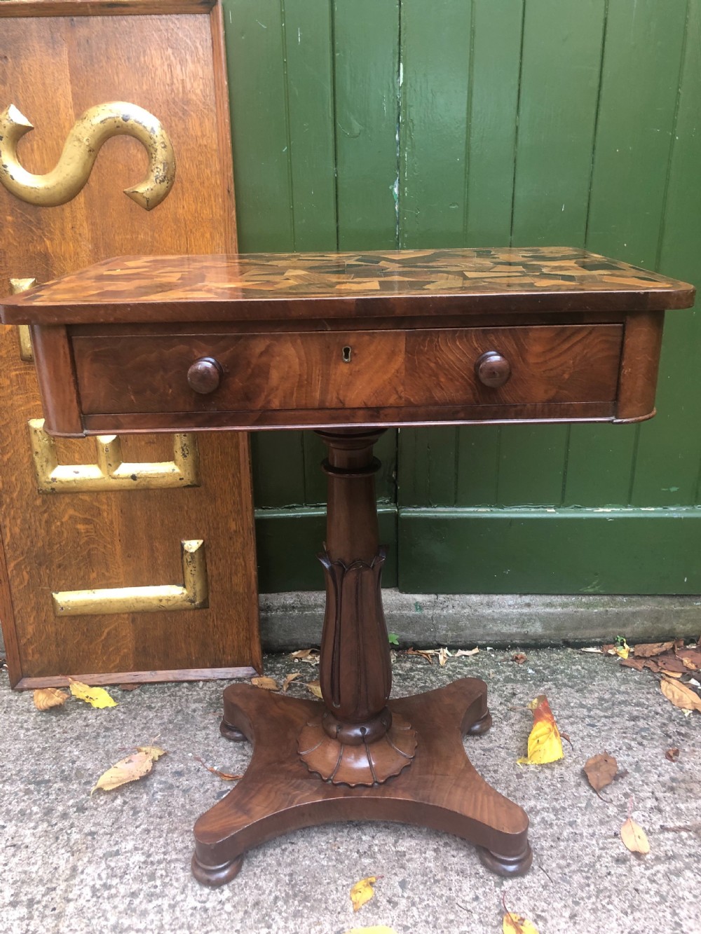 Interesting mid C19th rectangular mahogany table with an inlaid specimen-wood top.  View VIII