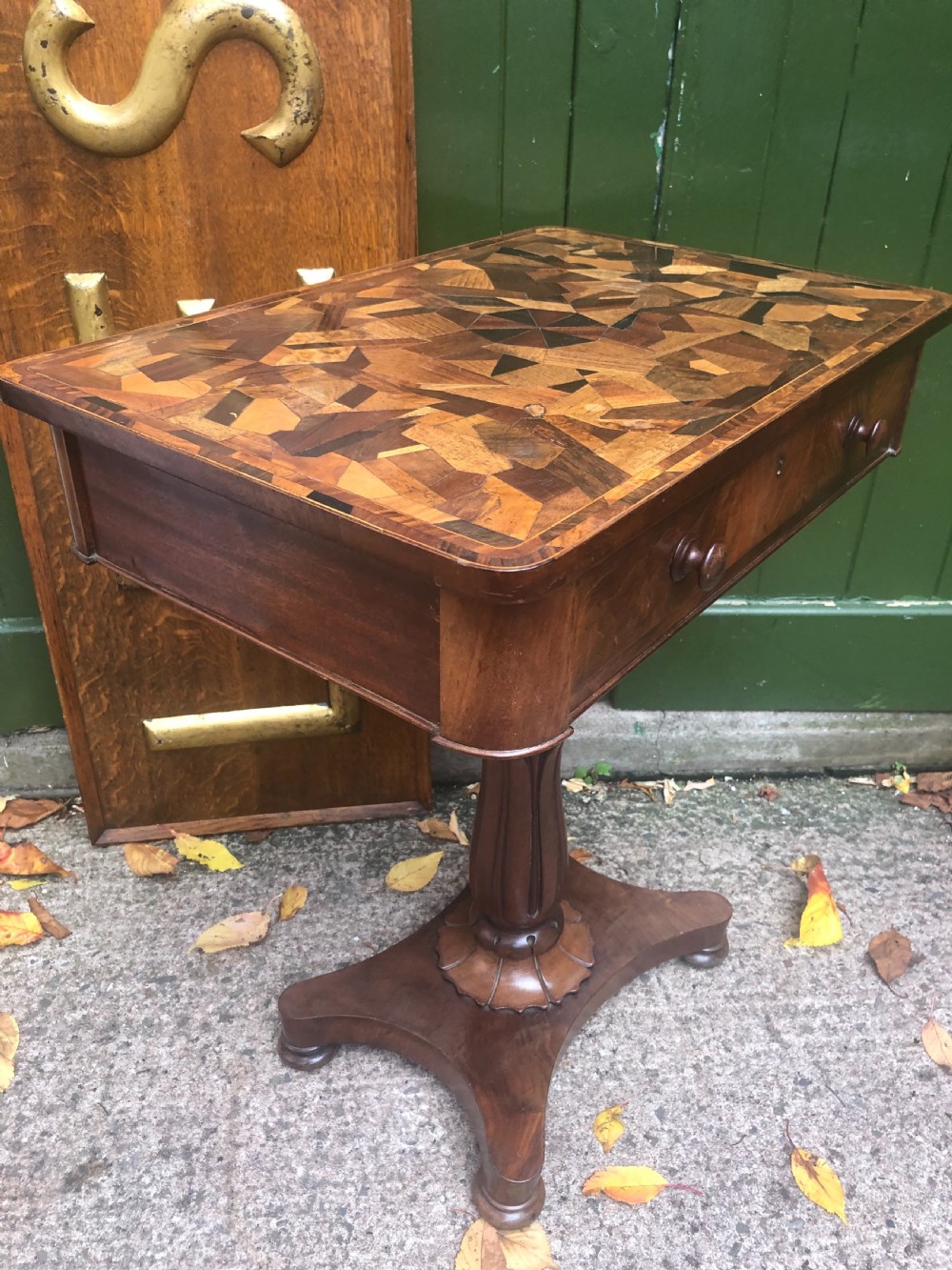 Interesting mid C19th rectangular mahogany table with an inlaid specimen-wood top.  View XII