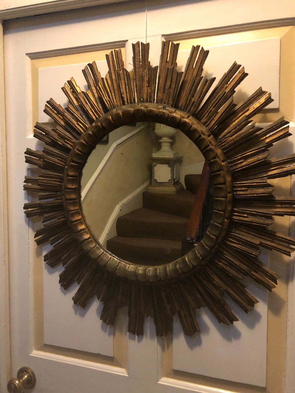 Highly decorative early C20th carved gilt-wood “sunburst” frame circular mirror . View IV