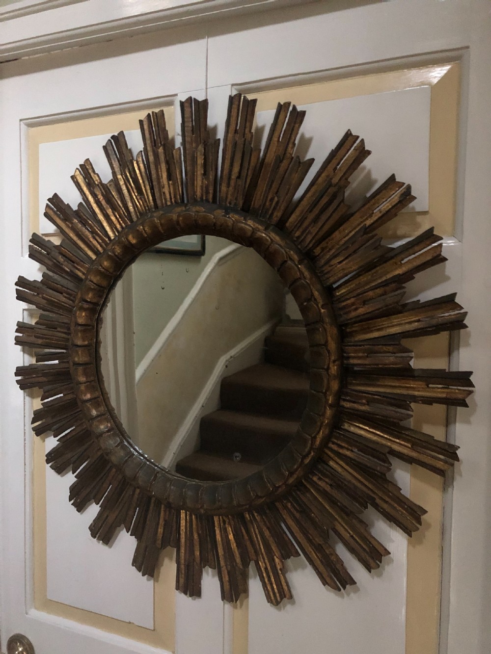 Highly decorative early C20th carved gilt-wood “sunburst” frame circular mirror . View VII