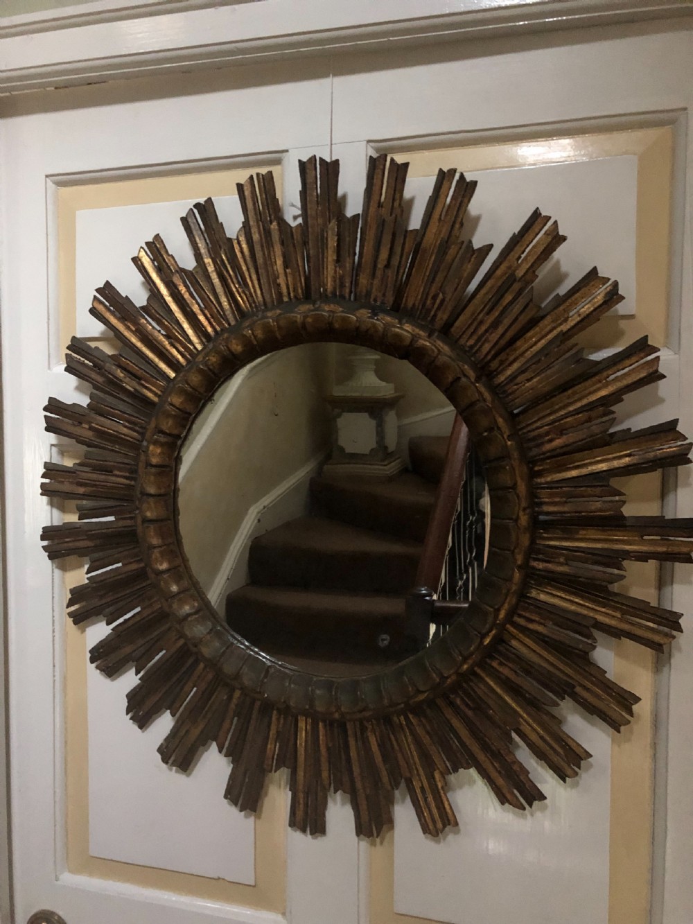 Highly decorative early C20th carved gilt-wood “sunburst” frame circular mirror . View VIII
