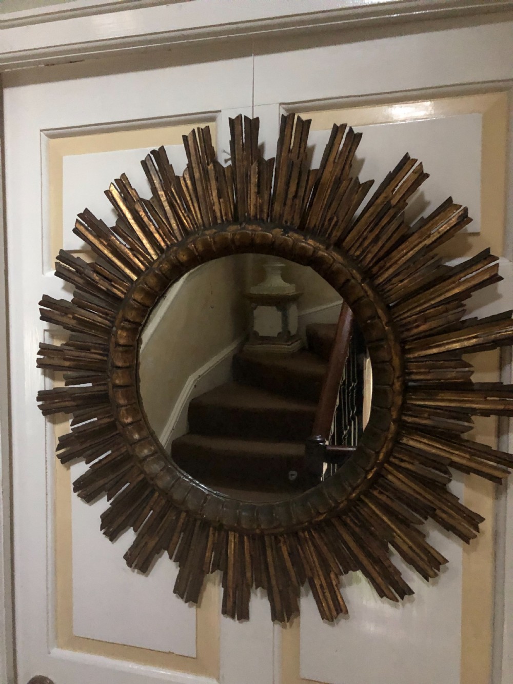 Highly decorative early C20th carved gilt-wood “sunburst” frame circular mirror . View IX