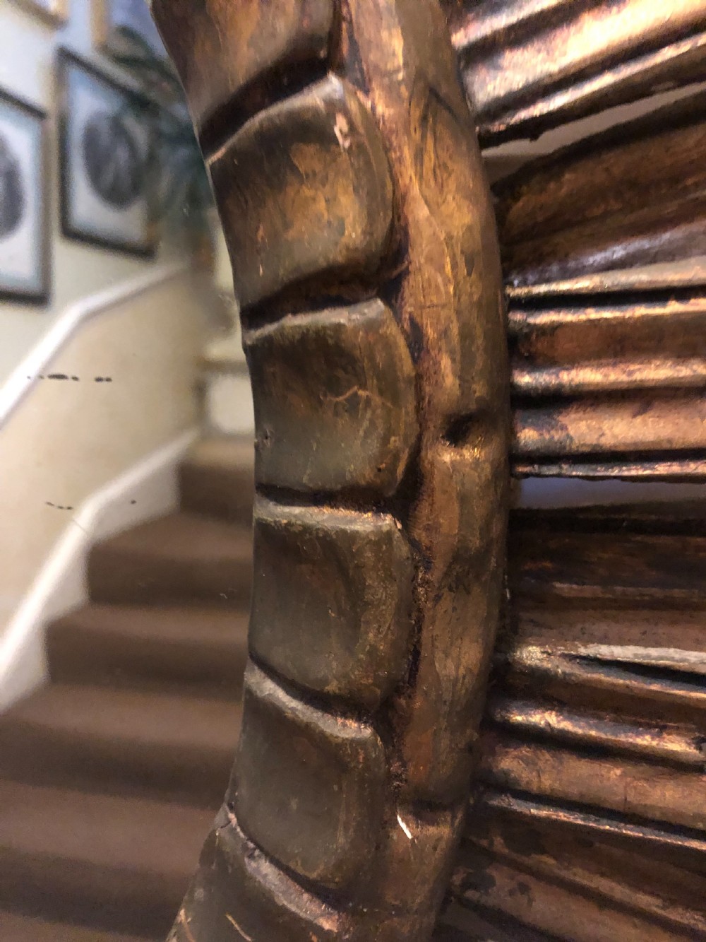 Highly decorative early C20th carved gilt-wood “sunburst” frame circular mirror . View XII