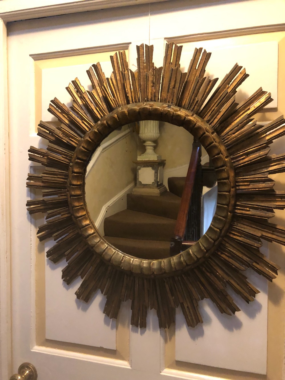 Highly decorative early C20th carved gilt-wood “sunburst” frame circular mirror . View XIII