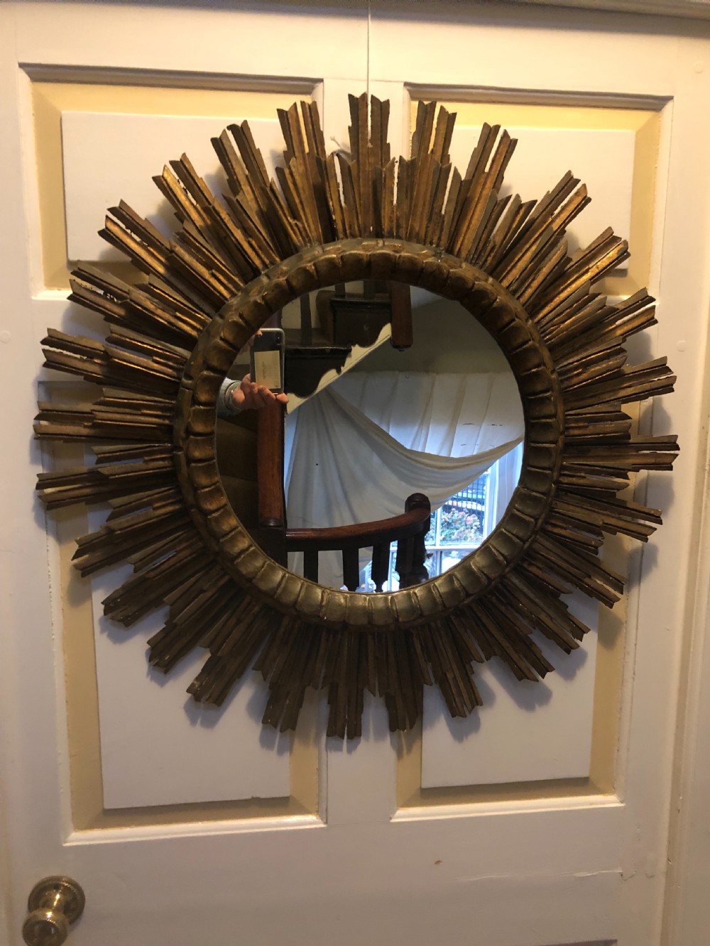 Highly decorative early C20th carved gilt-wood “sunburst” frame circular mirror . View XIV