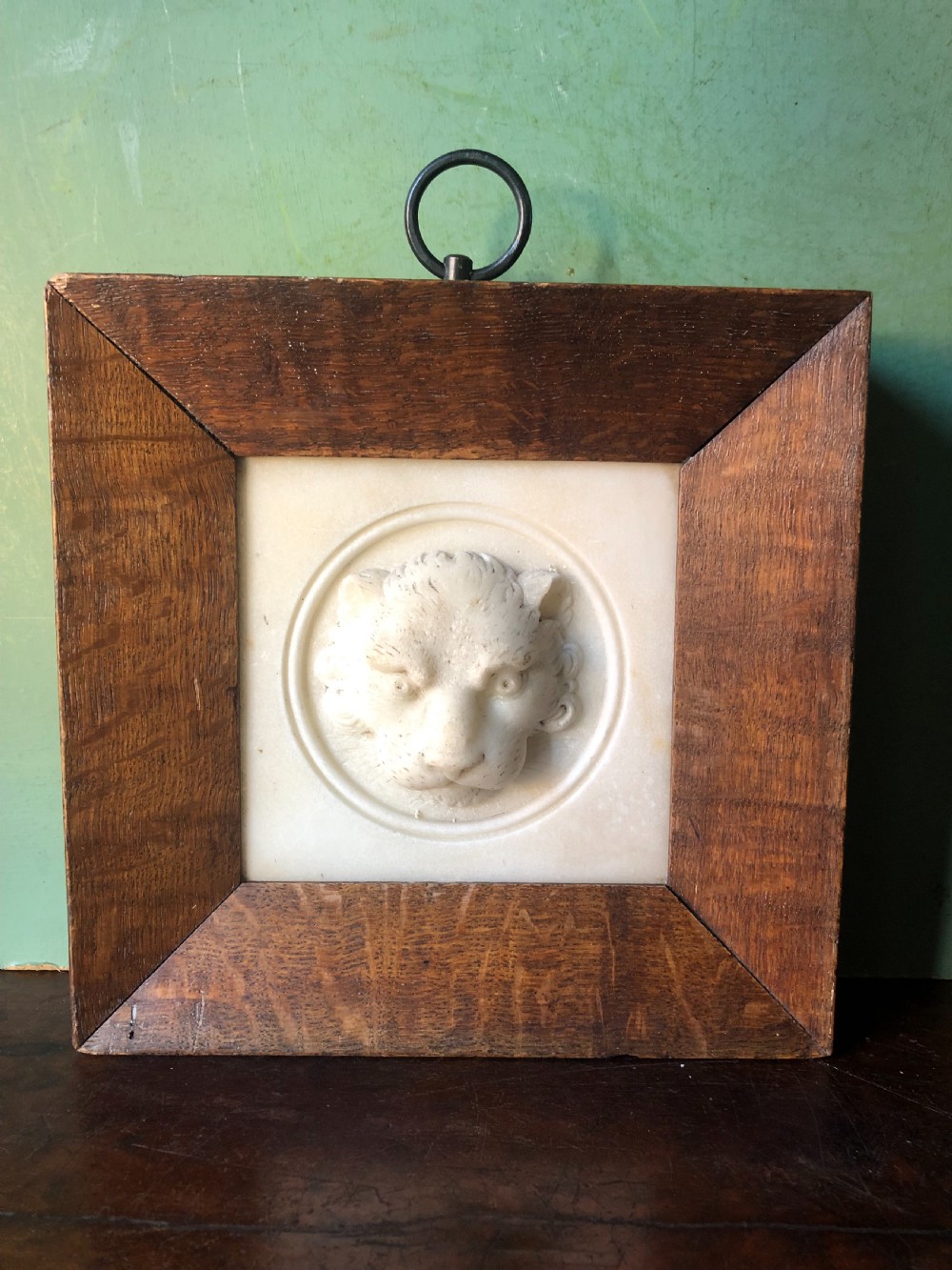 Early C19th Regency period framed carved statuary marble study of a lion’s mask. View III