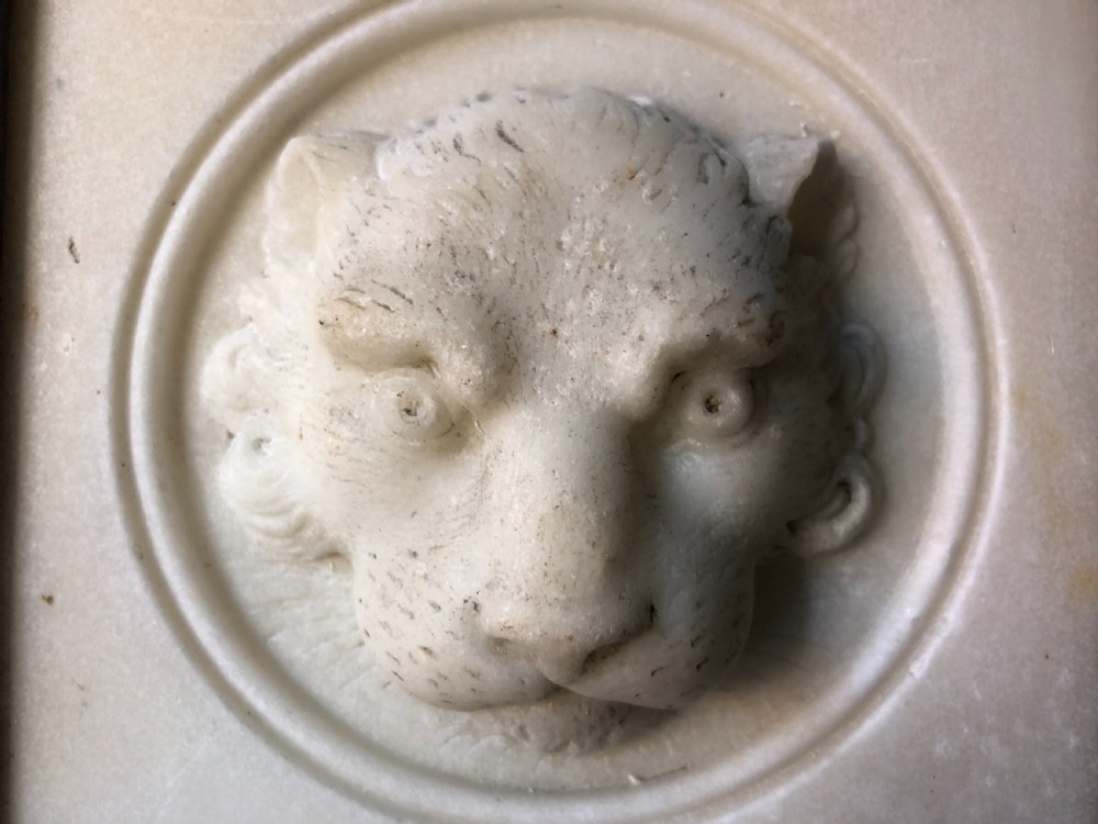 Early C19th Regency period framed carved statuary marble study of a lion’s mask. View IV
