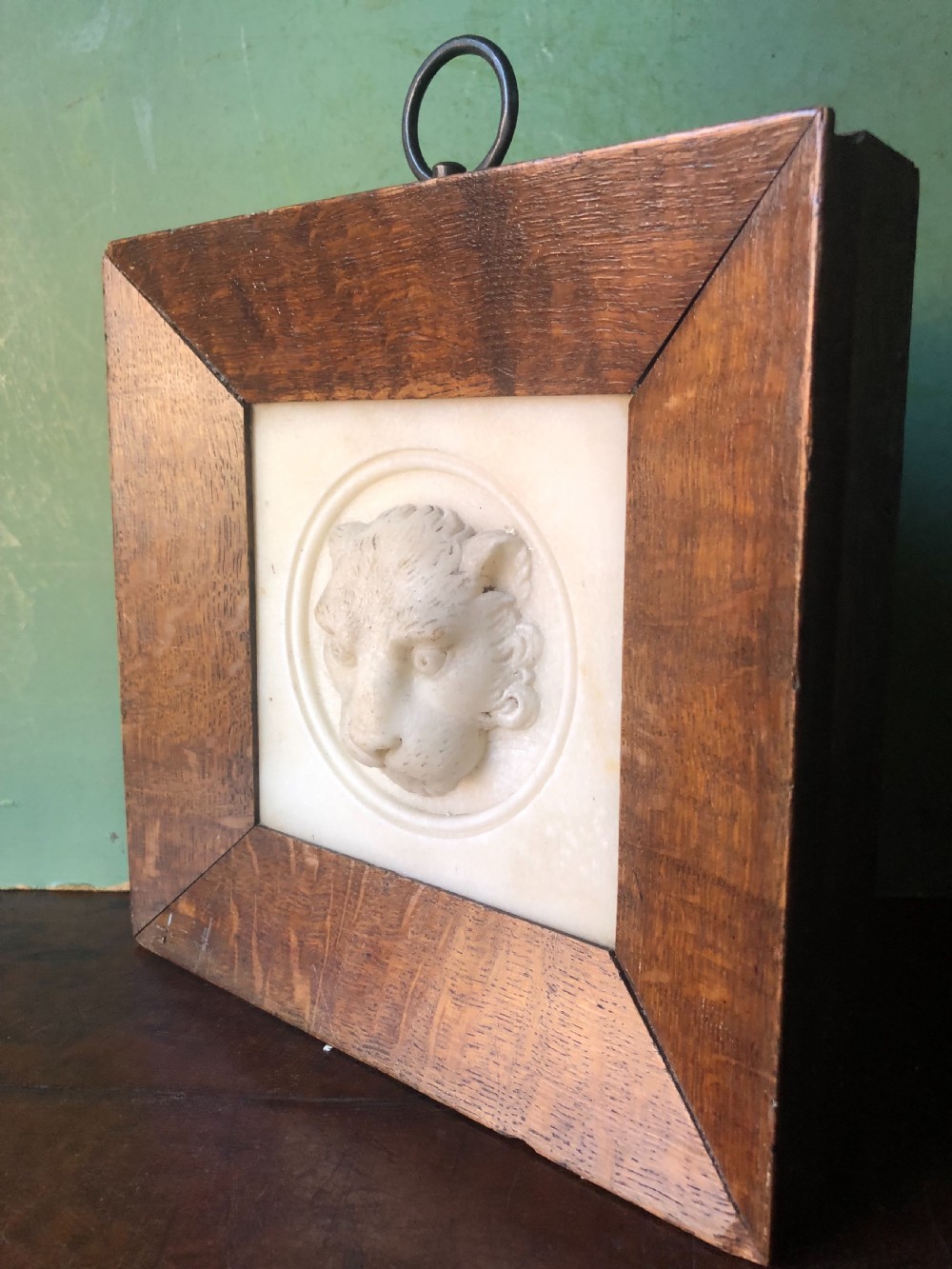 Early C19th Regency period framed carved statuary marble study of a lion’s mask. View V