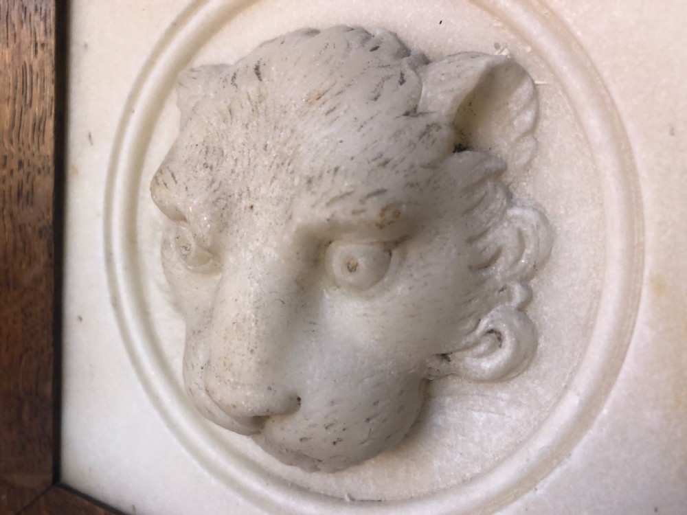 Early C19th Regency period framed carved statuary marble study of a lion’s mask. View VI