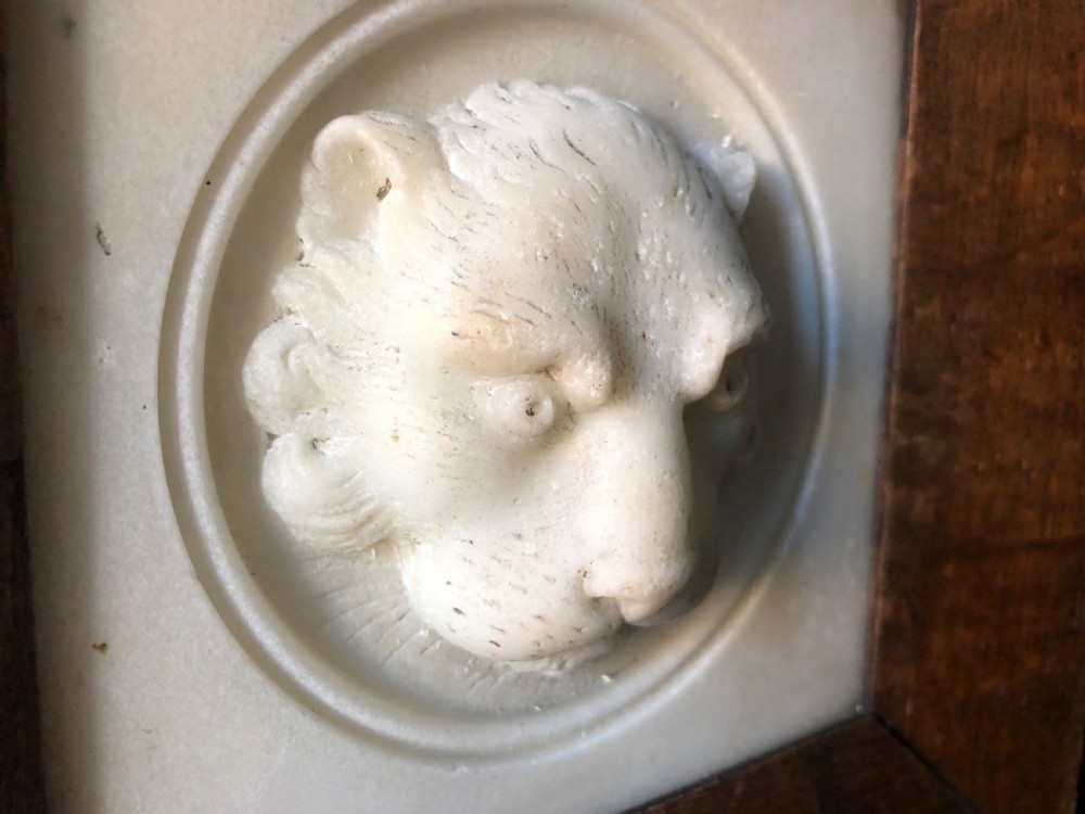 Early C19th Regency period framed carved statuary marble study of a lion’s mask. View IX