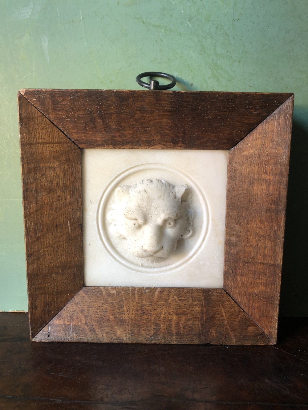 Early C19th Regency period framed carved statuary marble study of a lion’s mask. View XIII