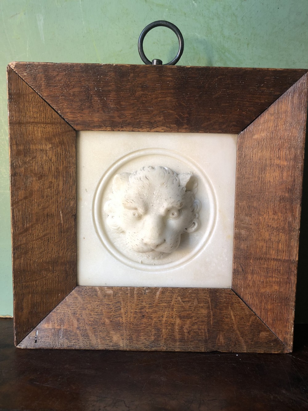 Early C19th Regency period framed carved statuary marble study of a lion’s mask. View VIII