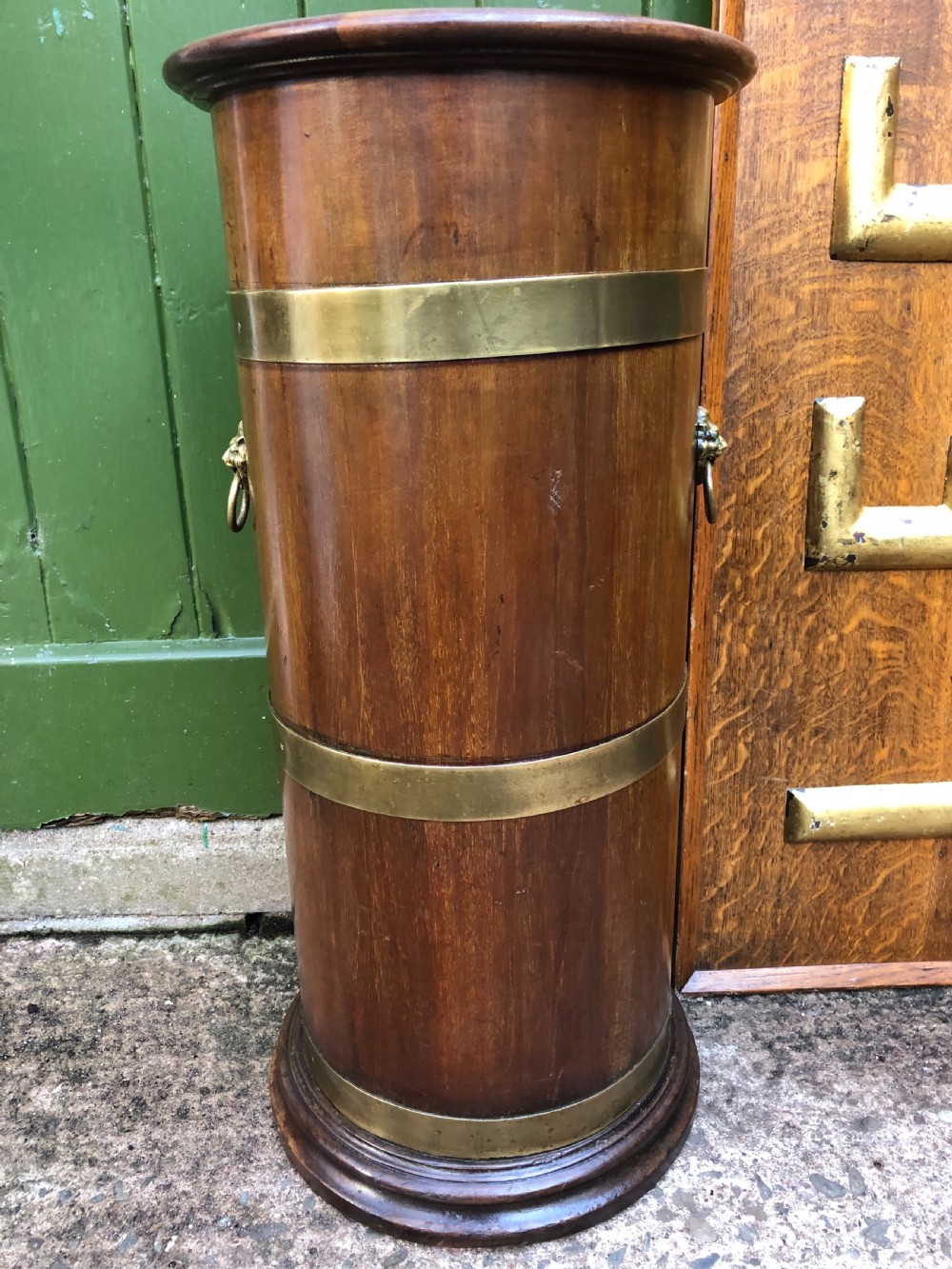Mid C19th brass-banded cylindrical mahogany stick and umbrella stand. View III