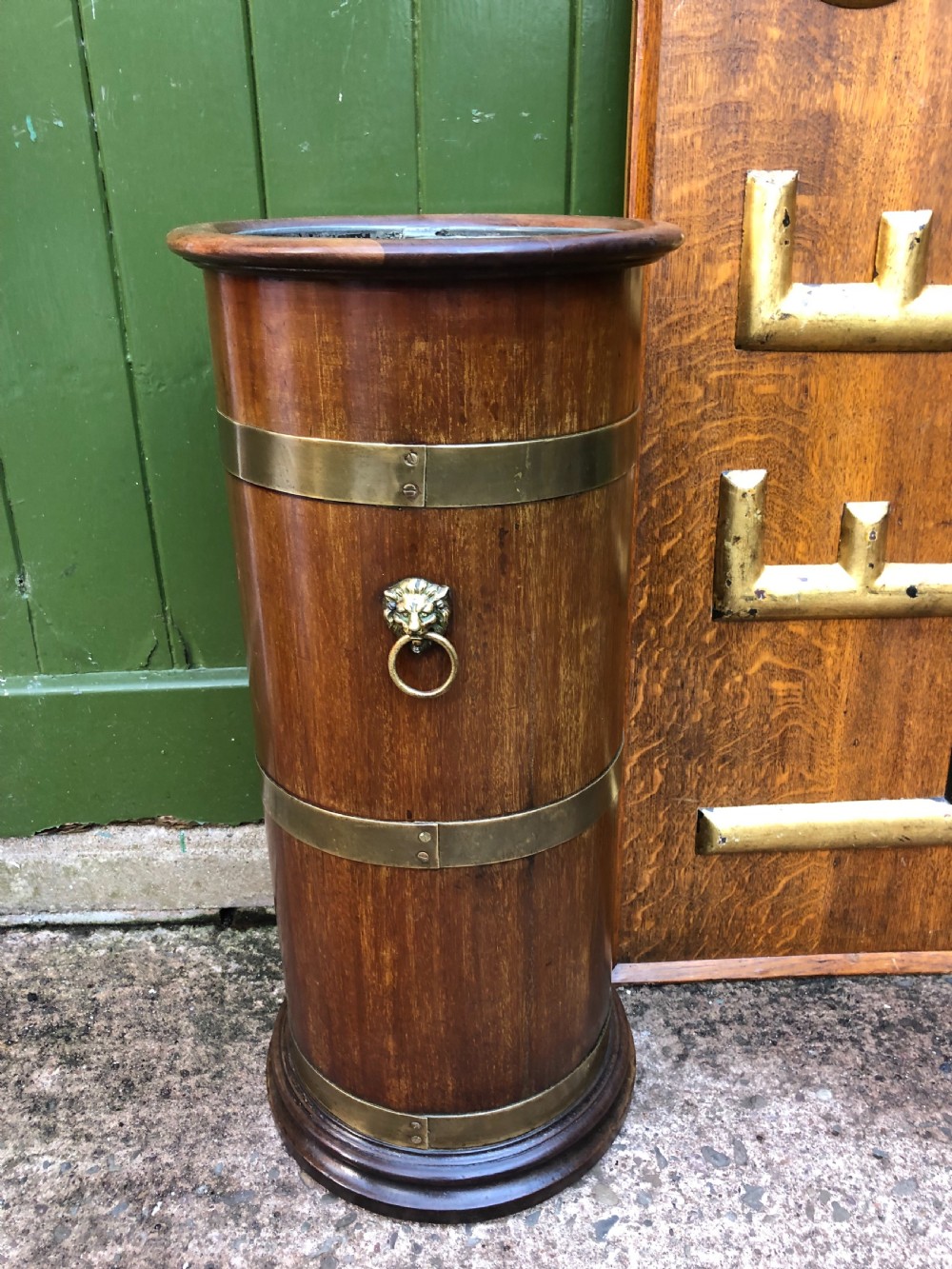 Mid C19th brass-banded cylindrical mahogany stick and umbrella stand. View IV