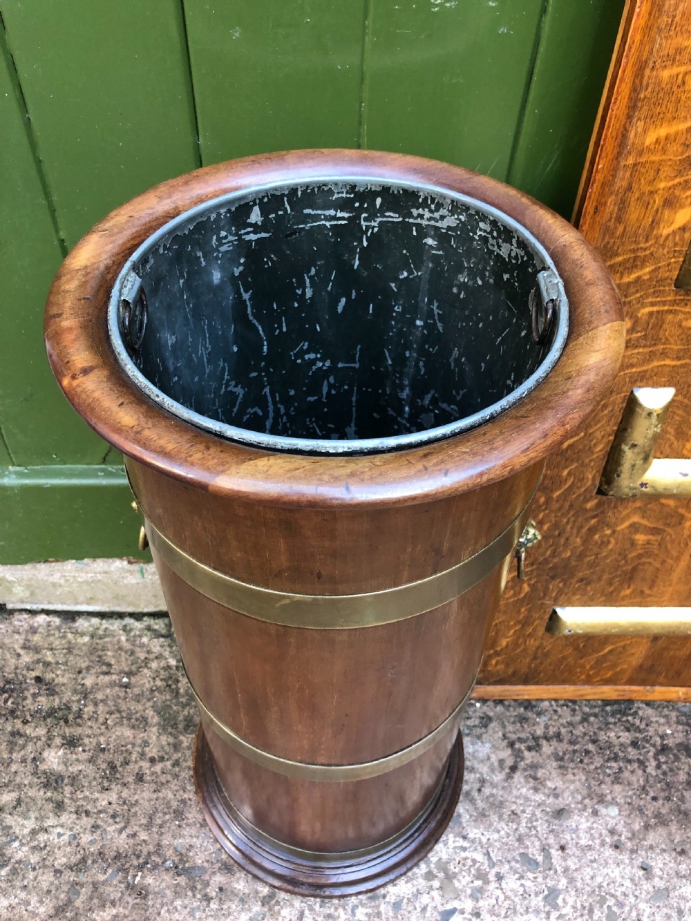 Mid C19th brass-banded cylindrical mahogany stick and umbrella stand. View V