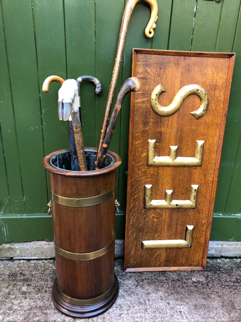 Mid C19th brass-banded cylindrical mahogany stick and umbrella stand. View VII