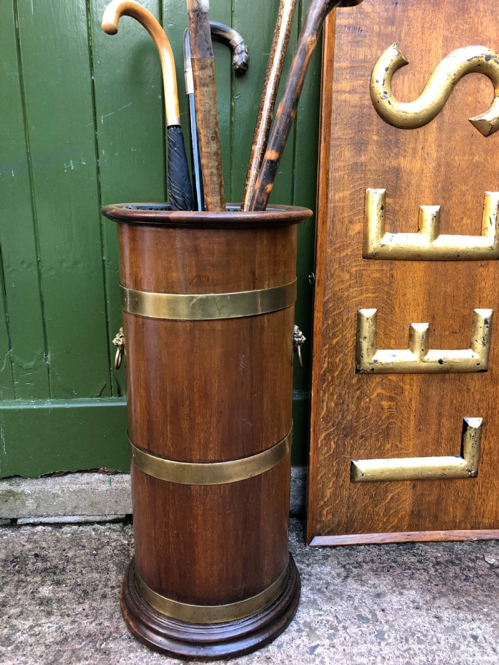 Mid C19th brass-banded cylindrical mahogany stick and umbrella stand. View VIII