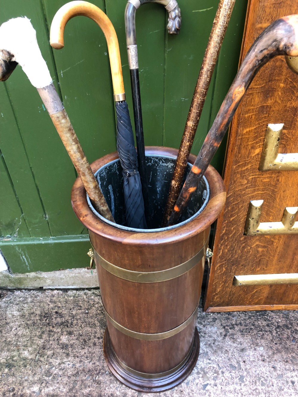 Mid C19th brass-banded cylindrical mahogany stick and umbrella stand. View IX