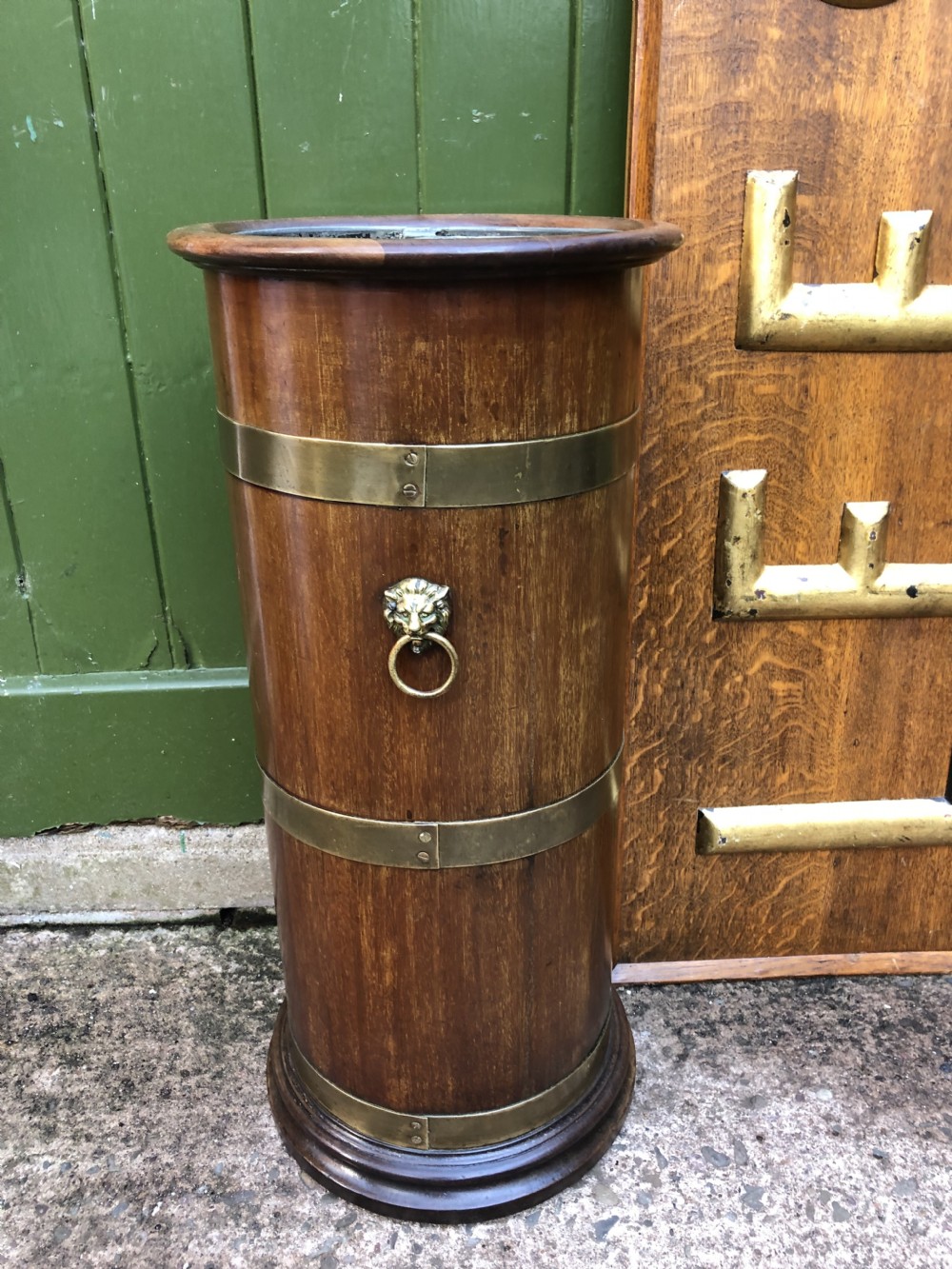 Mid C19th brass-banded cylindrical mahogany stick and umbrella stand. View XIV