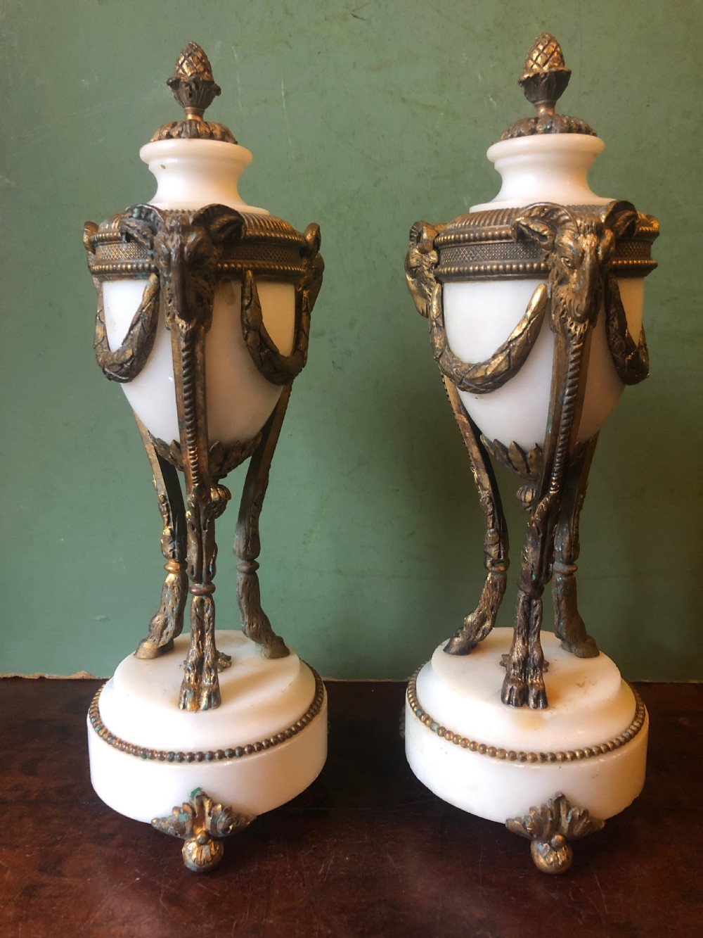Pair of late C19th French white marble ormolu-mounted neo-classical style vases . View III