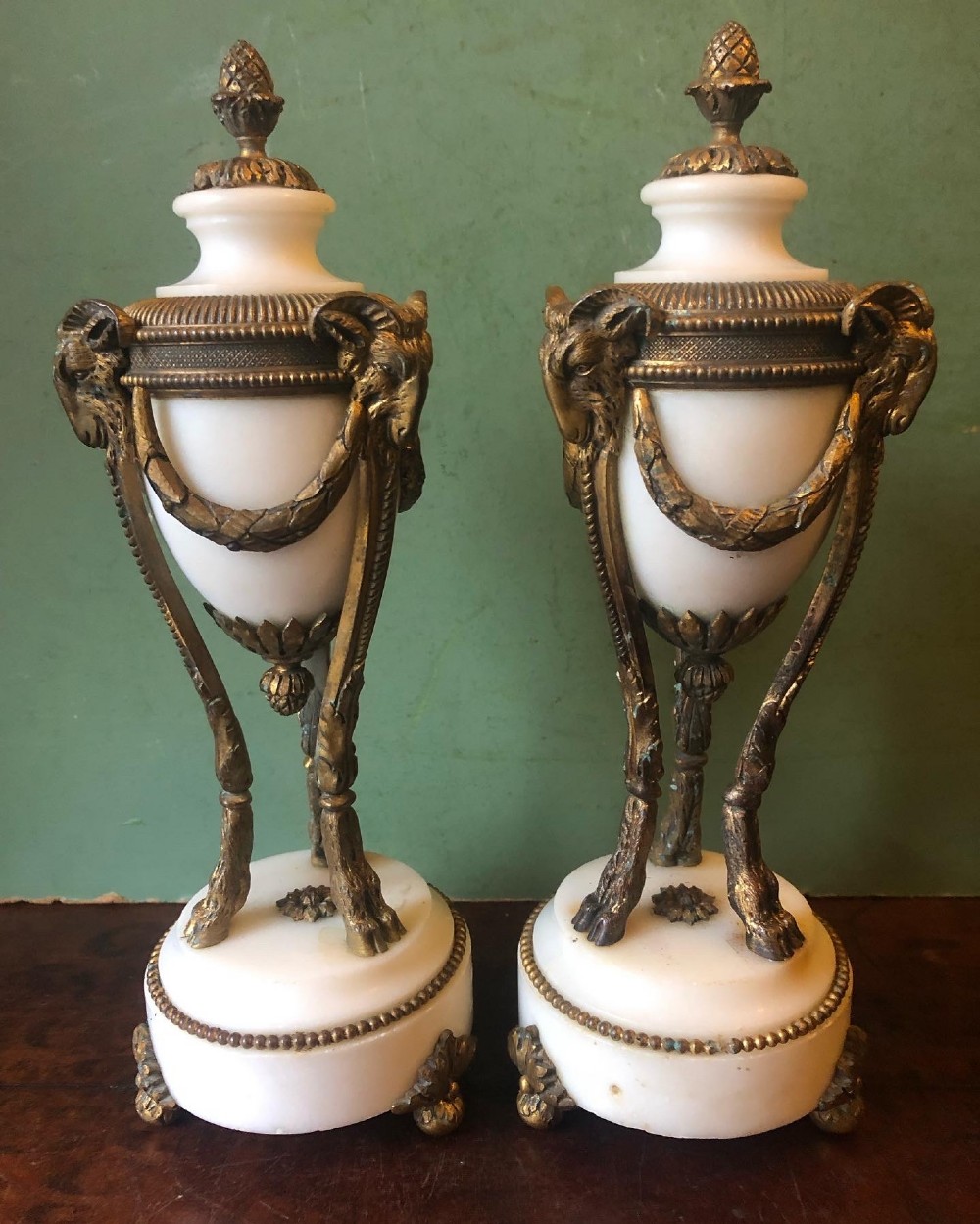 Pair of late C19th French white marble ormolu-mounted neo-classical style vases .