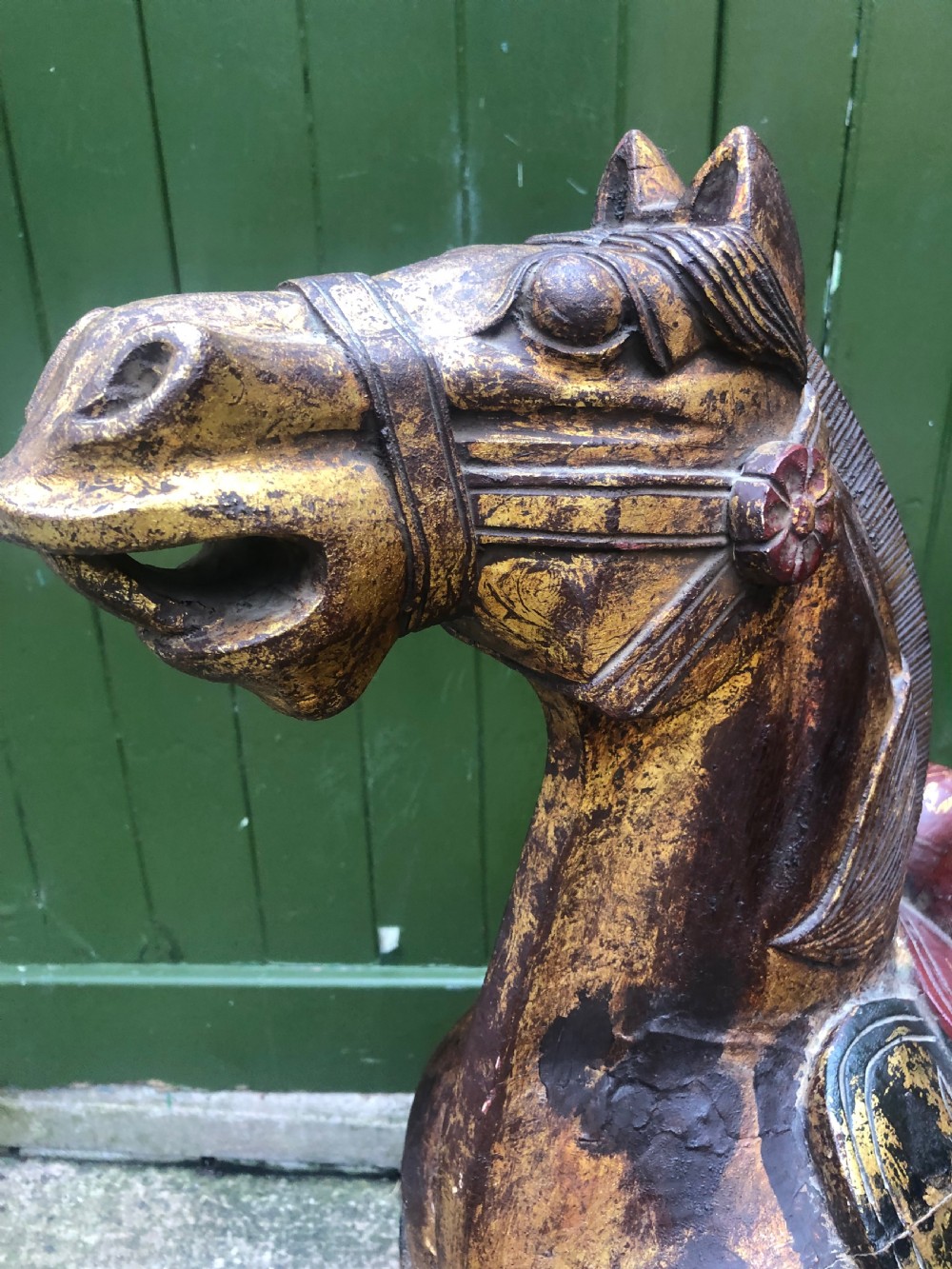 Large early  C20th Chinese carved wood ,gilded and polychrome decorated study of a Tang Dynasty war horse . View IX