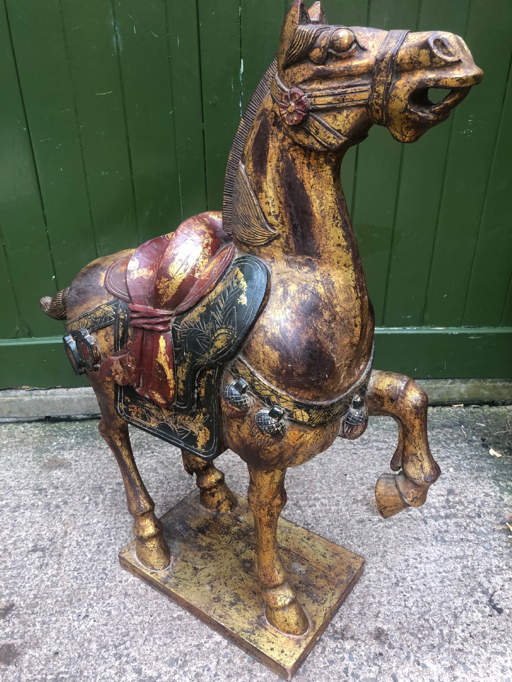 Large early  C20th Chinese carved wood ,gilded and polychrome decorated study of a Tang Dynasty war horse . View X