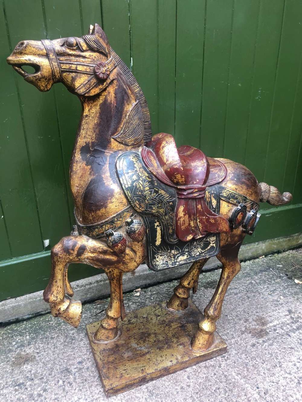 Large early  C20th Chinese carved wood ,gilded and polychrome decorated study of a Tang Dynasty war horse . View XI