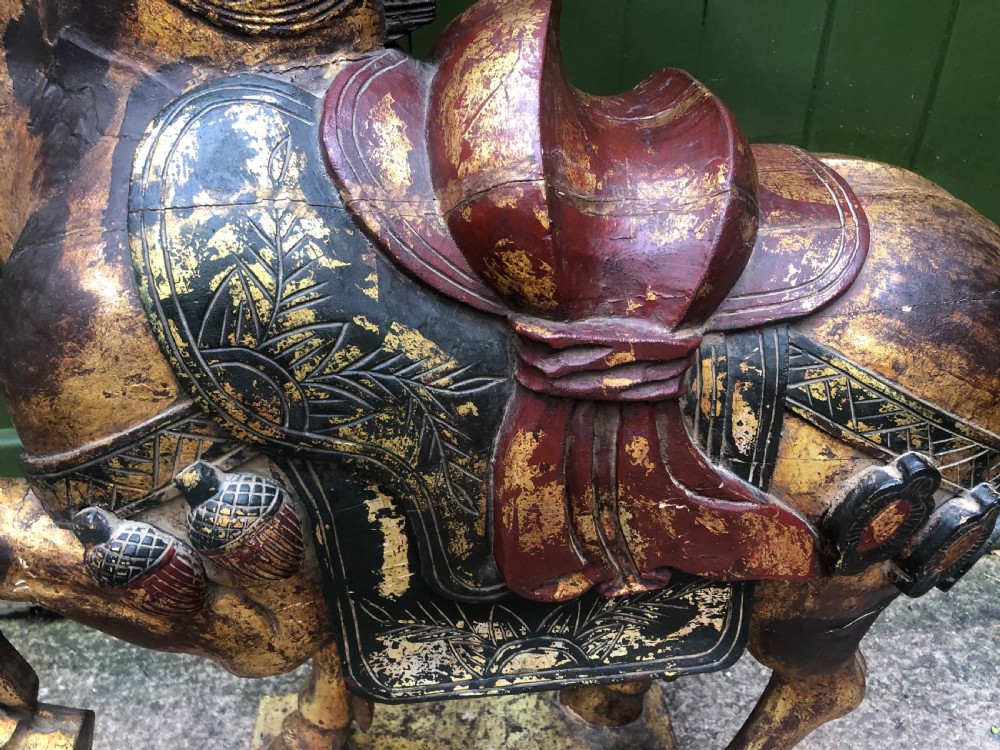 Large early  C20th Chinese carved wood ,gilded and polychrome decorated study of a Tang Dynasty war horse . View XIII
