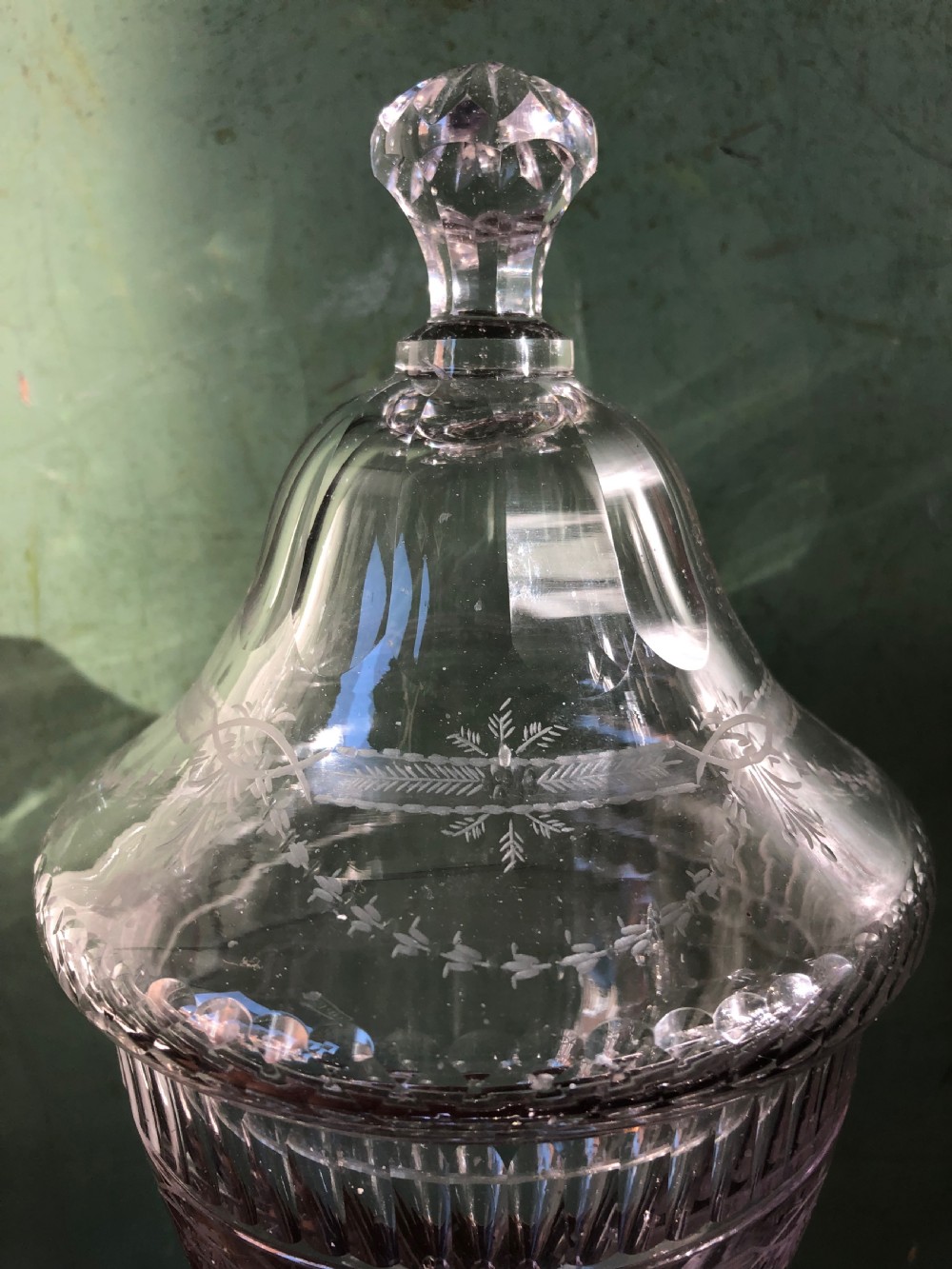 Pair of early C19th Regency period cut-glass ‘bon-bon’ vases and covers. View IV