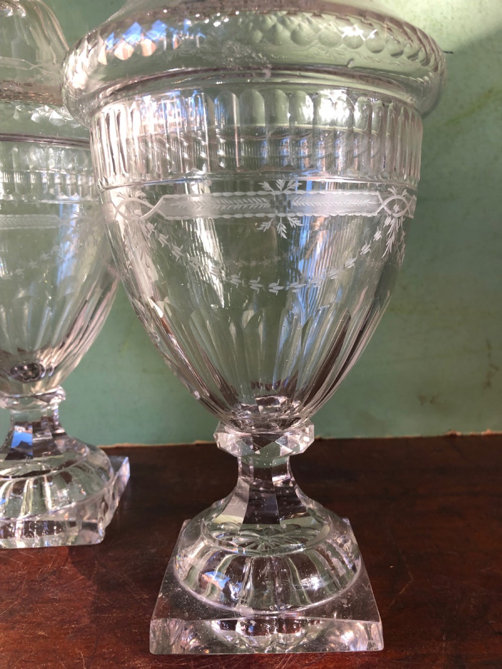 Pair of early C19th Regency period cut-glass ‘bon-bon’ vases and covers. View VI