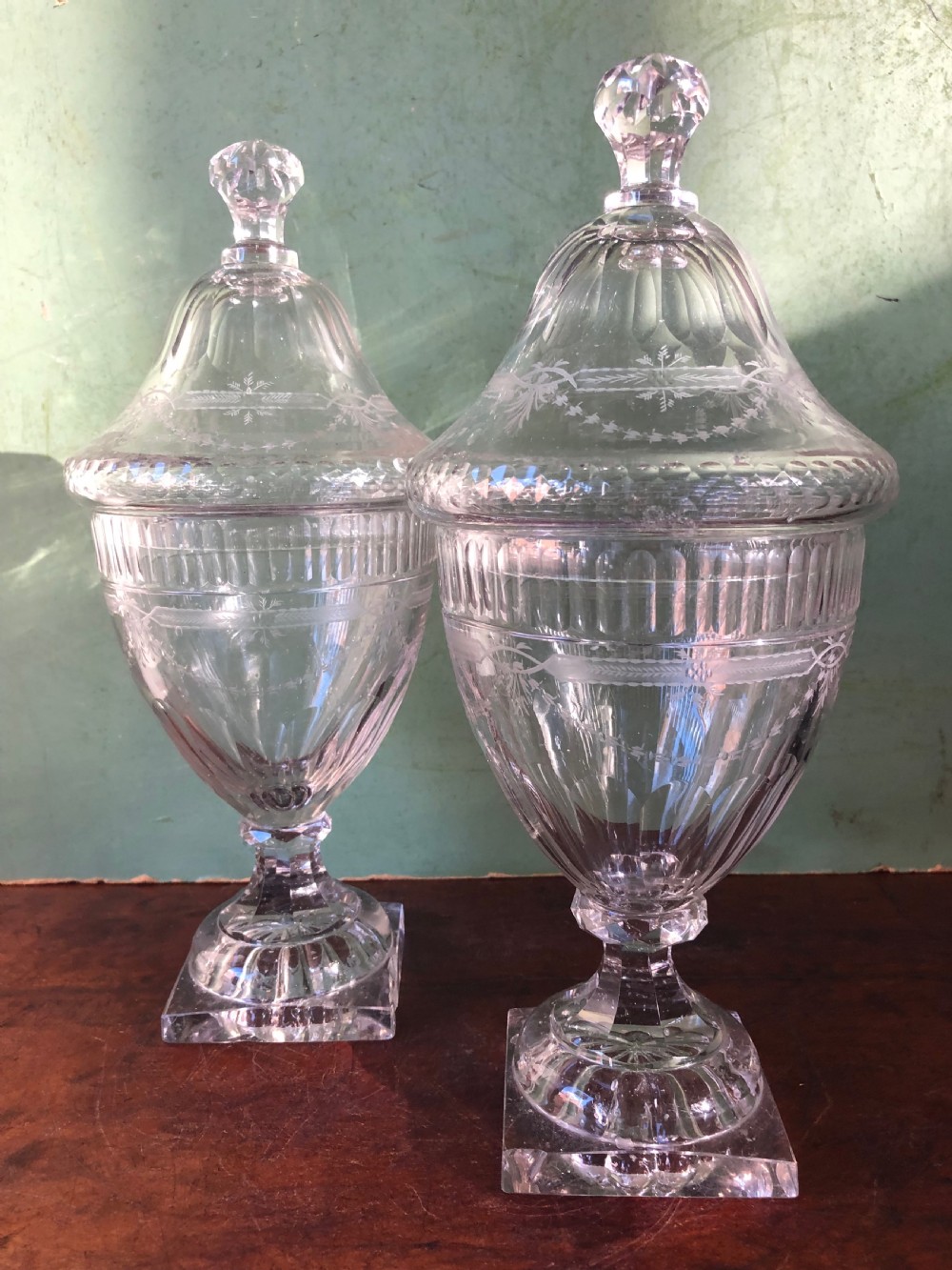 Pair of early C19th Regency period cut-glass ‘bon-bon’ vases and covers. View VII