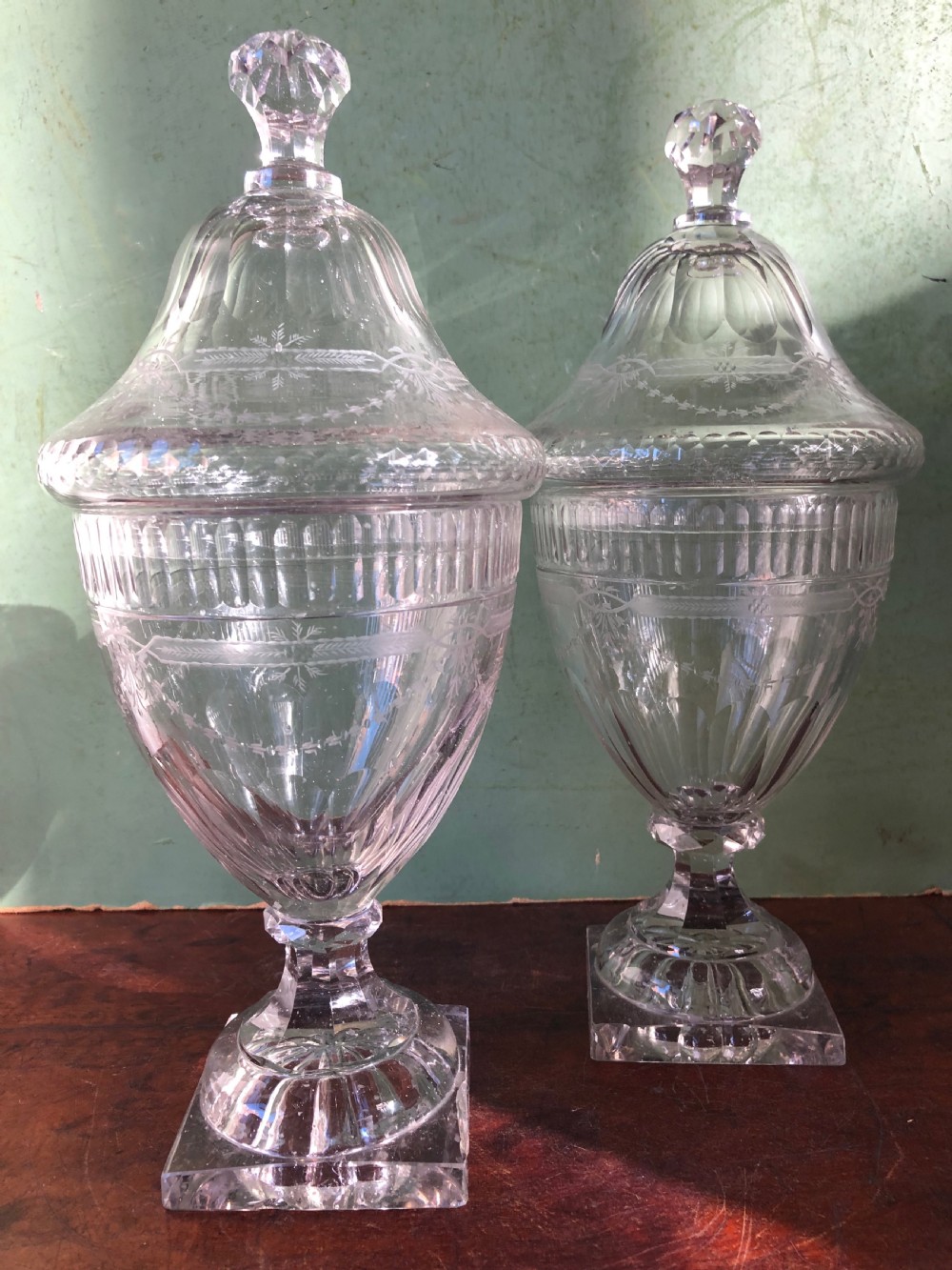 Pair of early C19th Regency period cut-glass ‘bon-bon’ vases and covers. View VIII