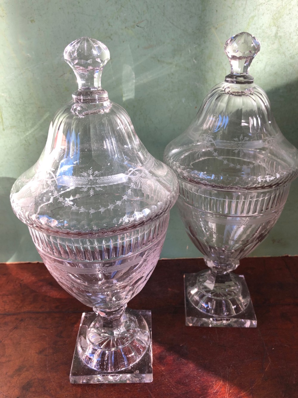 Pair of early C19th Regency period cut-glass ‘bon-bon’ vases and covers. View IX