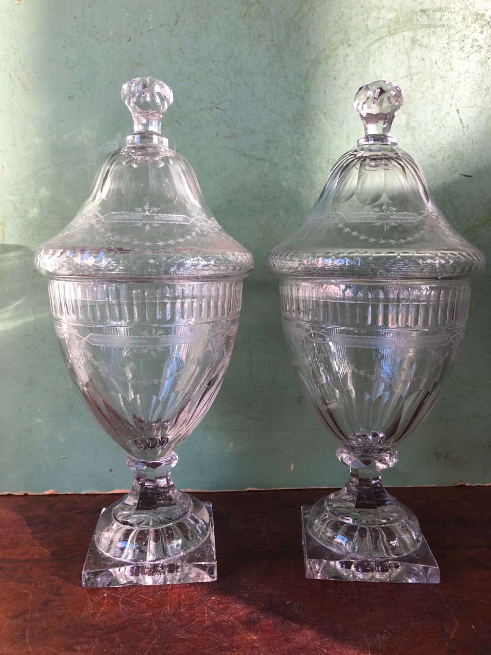 Pair of early C19th Regency period cut-glass ‘bon-bon’ vases and covers. View X