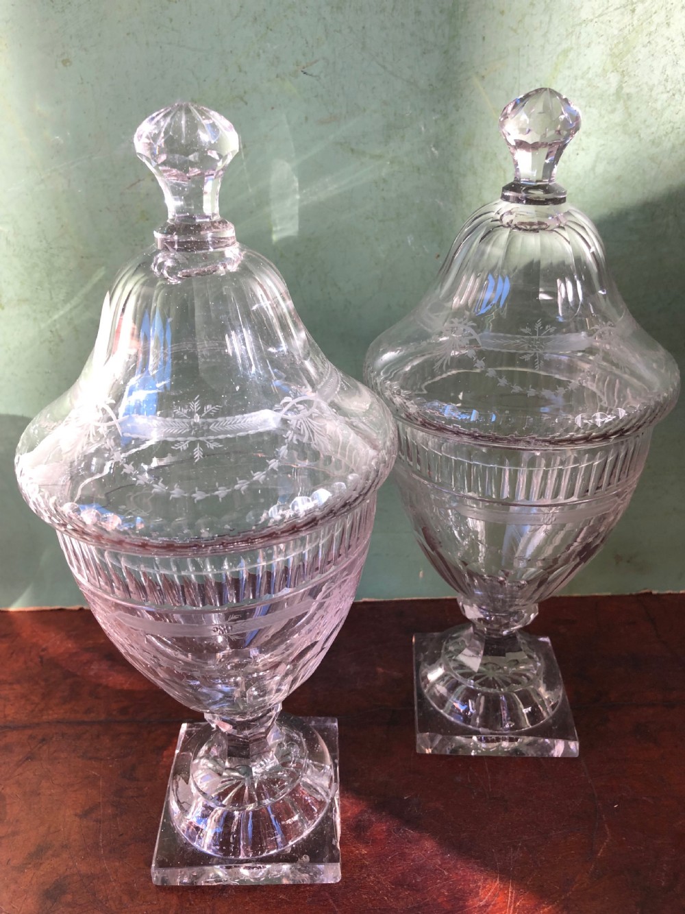 Pair of early C19th Regency period cut-glass ‘bon-bon’ vases and covers. View XI