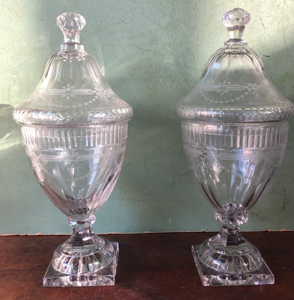 Pair of early C19th Regency period cut-glass ‘bon-bon’ vases and covers.