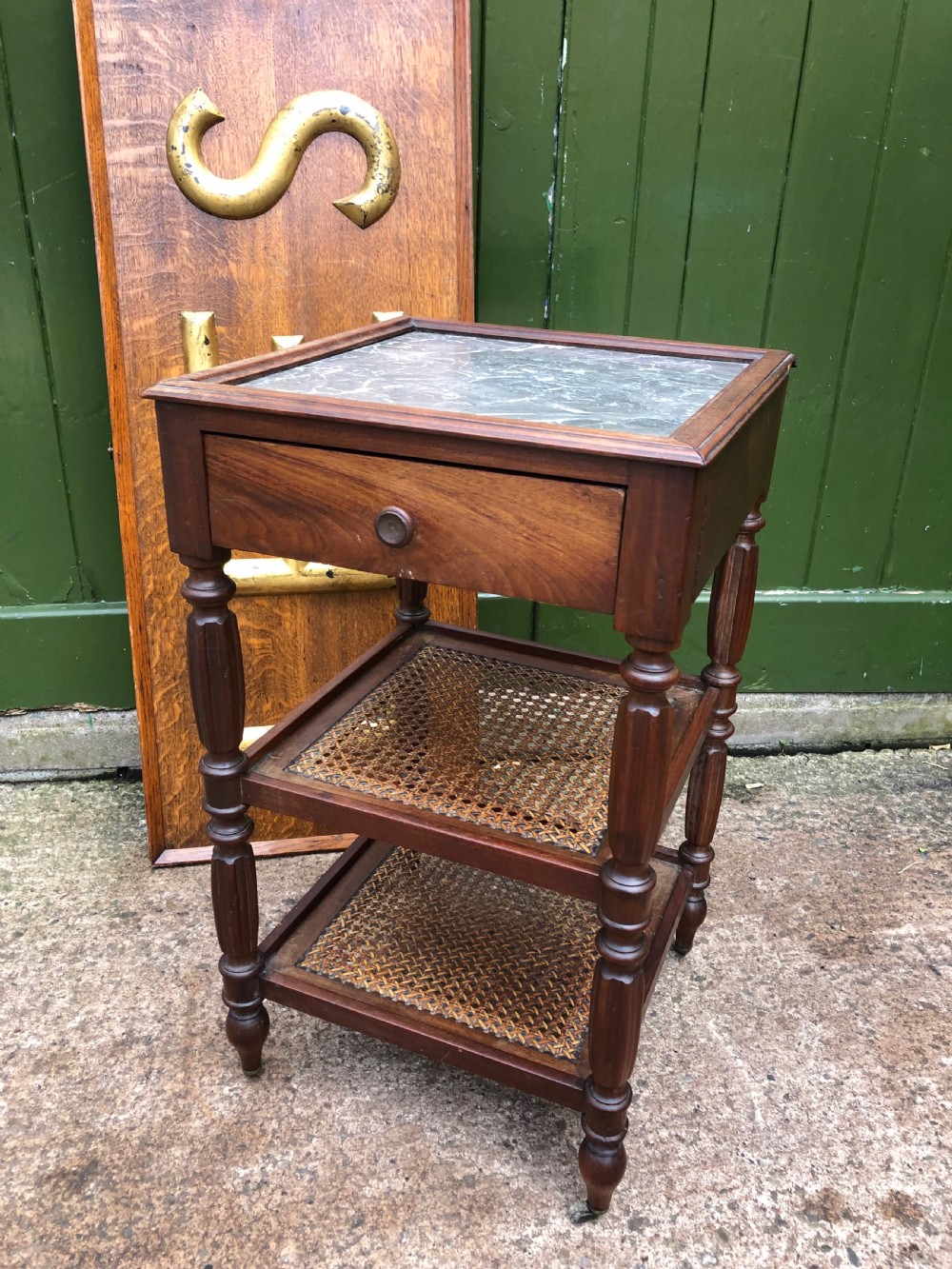 Early C19th French Charles X period mahogany marble top bedside table . View II