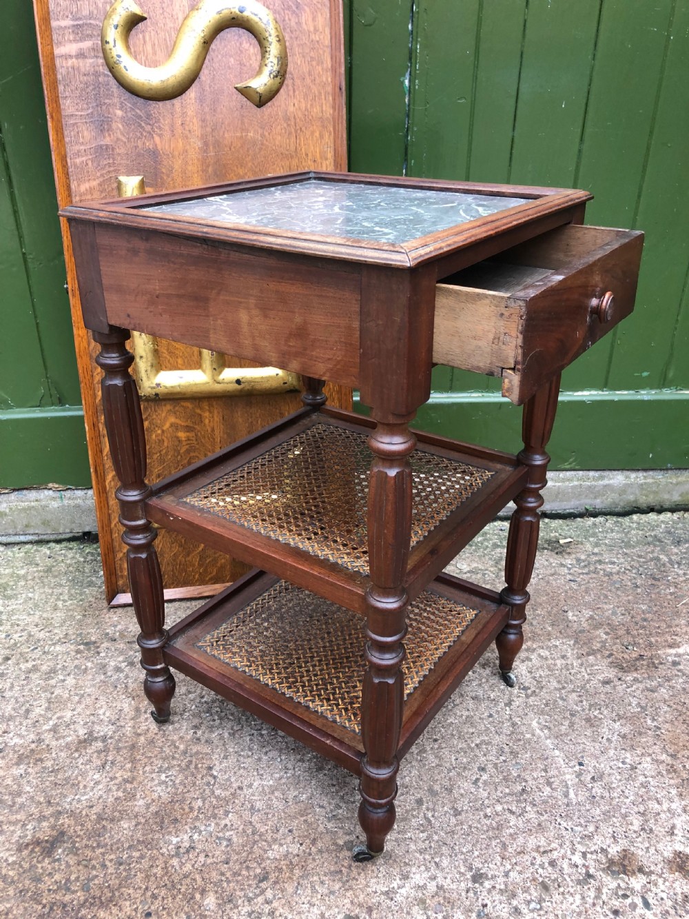 Early C19th French Charles X period mahogany marble top bedside table . View VI